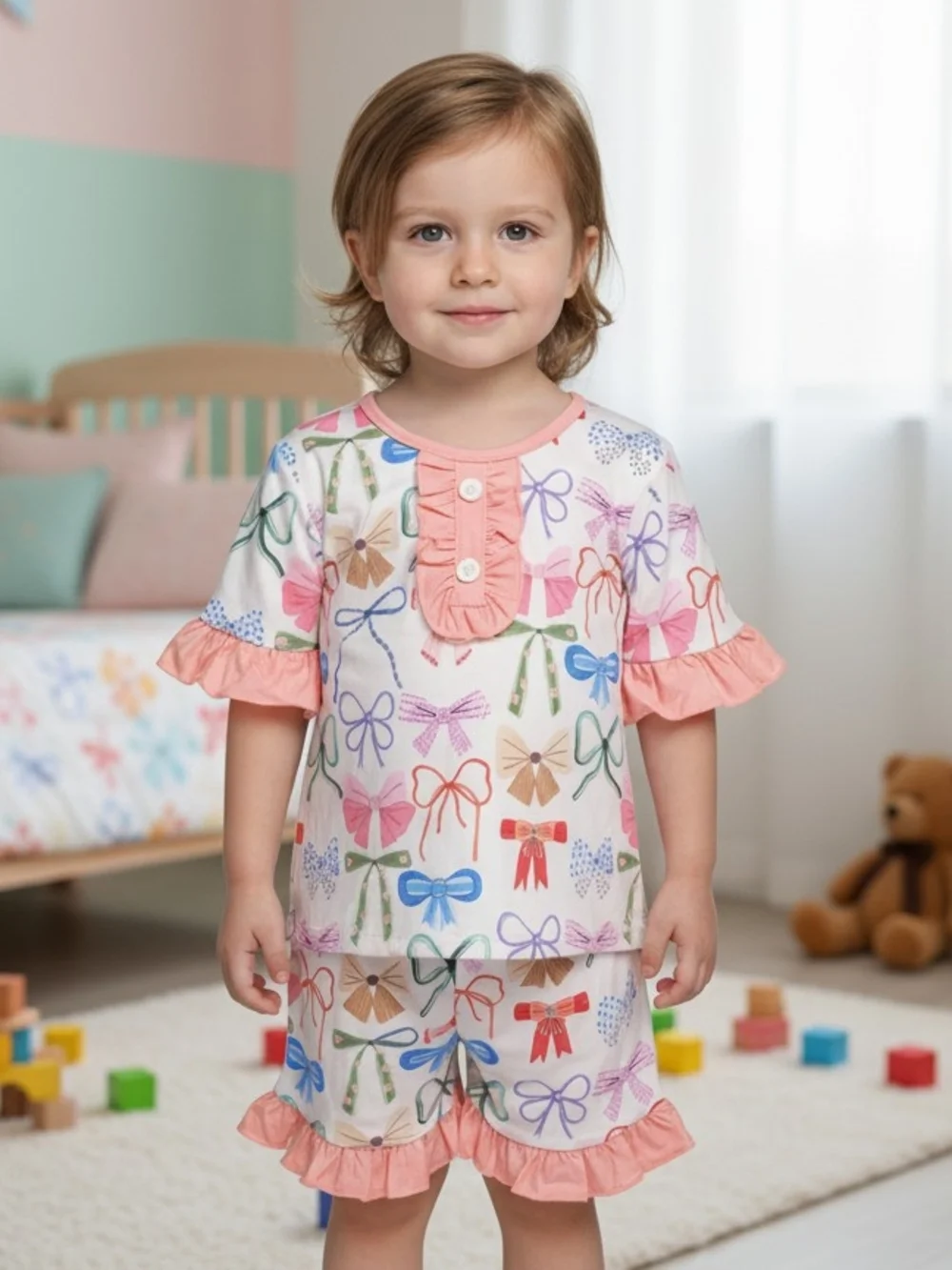Toddler Pink Bow-Print Short Pajama Set with Ruffle Trim